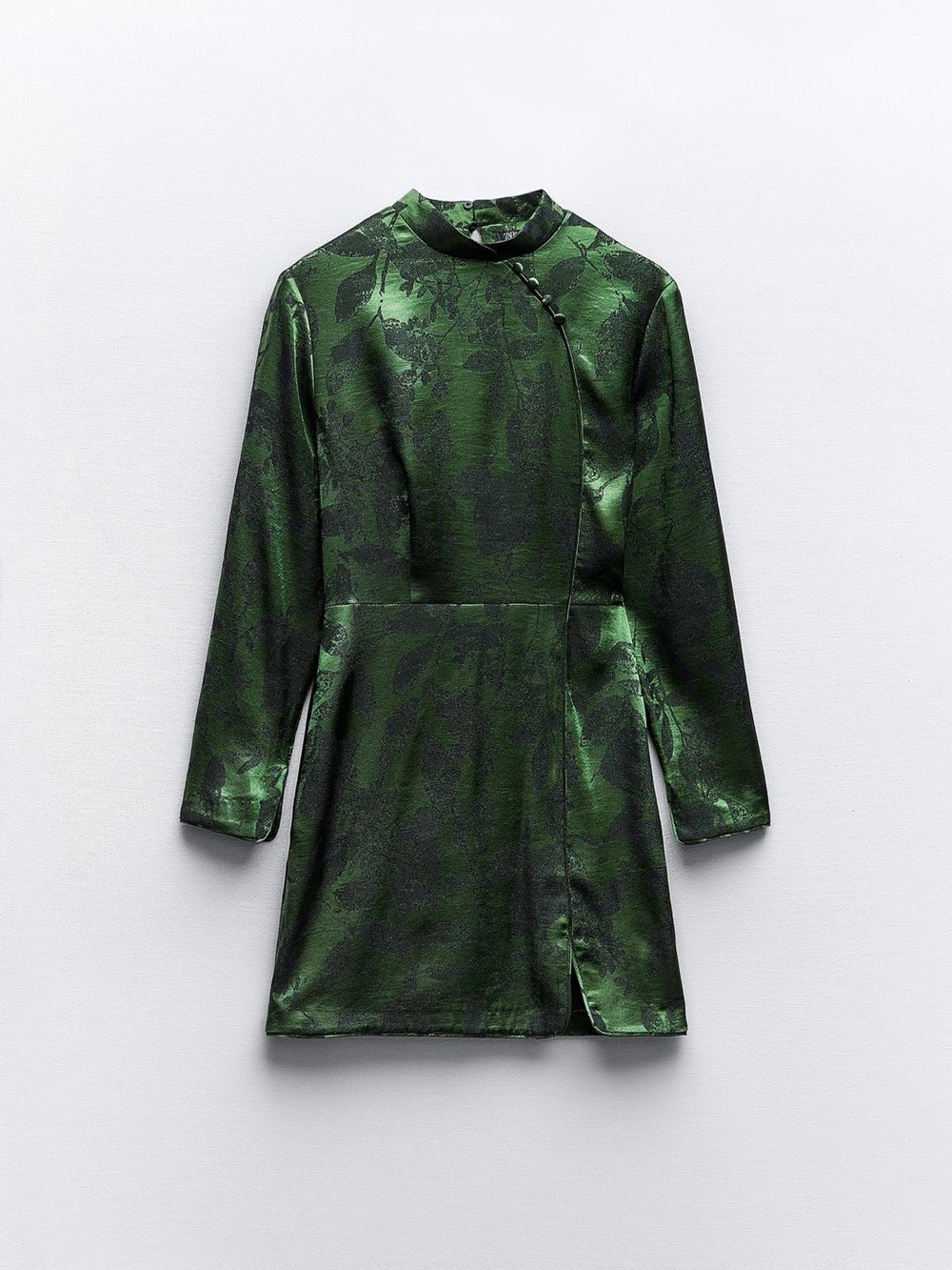 Zara Dark Green Long-Sleeve Floral Jacquard Dress